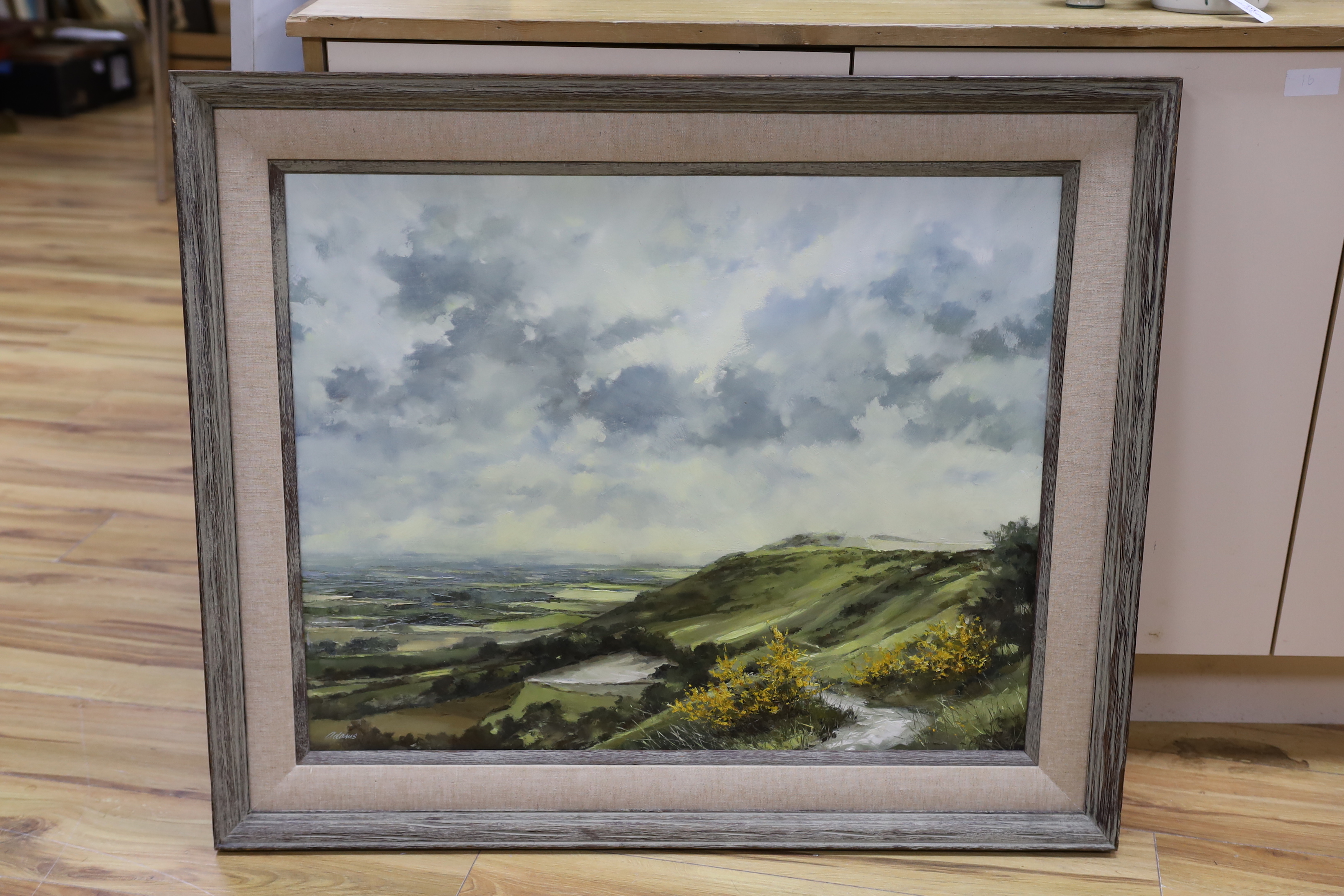 R. Adams, oil on board, View from Ditchling looking East, signed, 75 x 60cm
